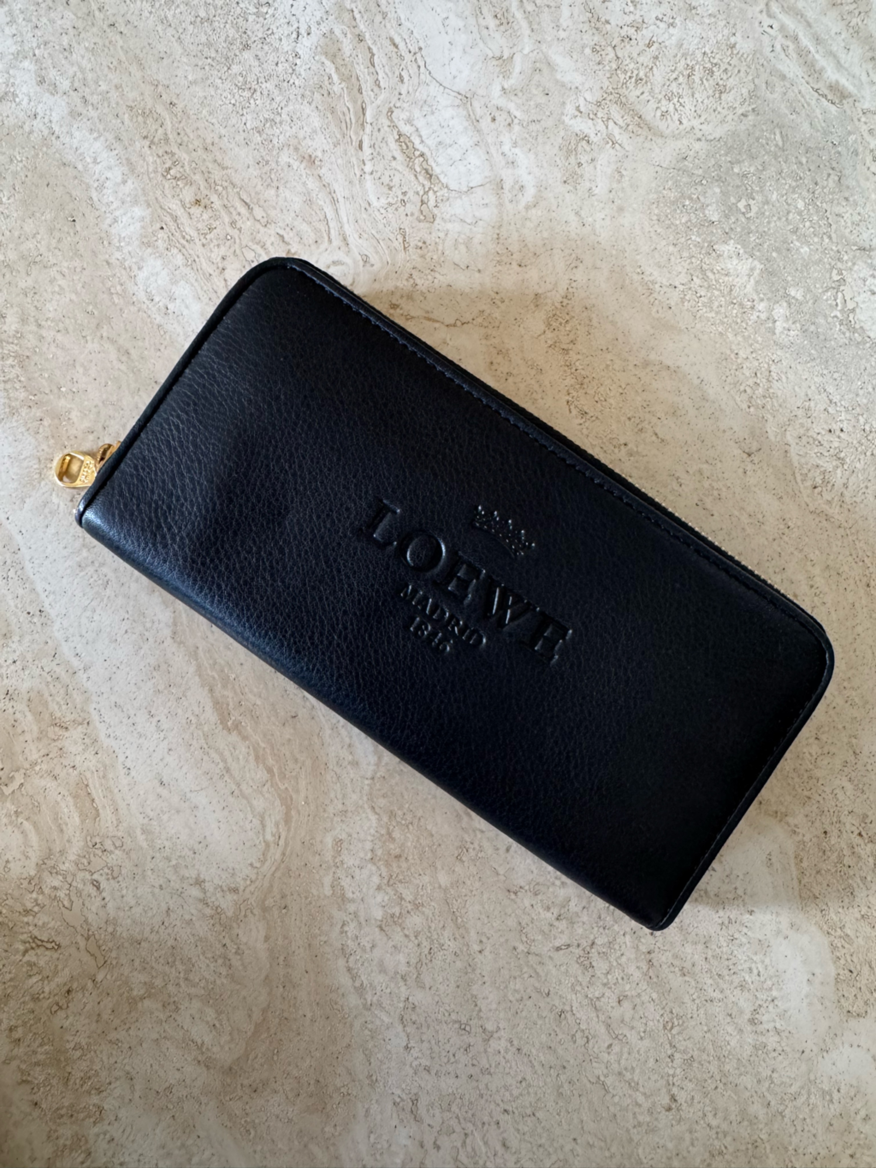 Loewe Black Embossed Zip-Around Leather Wallet With Gold Hardware
